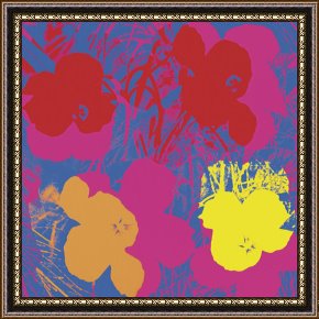 Yellow Framed Paintings - Flowers 1970 Red Yellow Orange on Blue by Andy Warhol