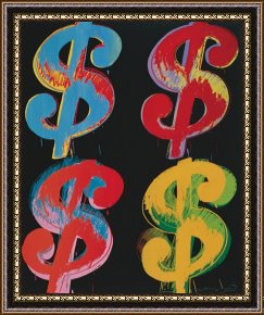 Yellow Framed Paintings - Four Dollar Signs C 1982 Blue Red Orange Yellow by Andy Warhol