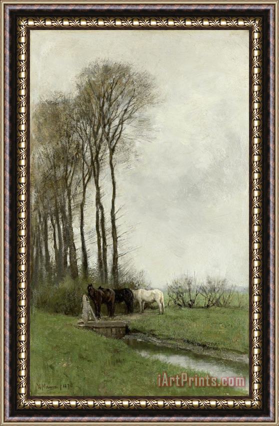 Anton Mauve Paarden Bij Het Hek Framed Painting