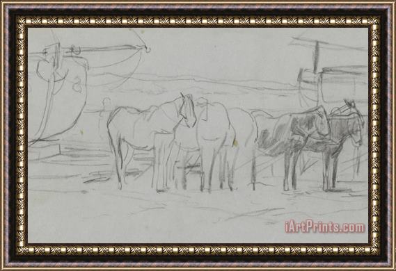 Anton Mauve Wachtende Paarden Bij Bomschuiten Op Het Strand Framed Print