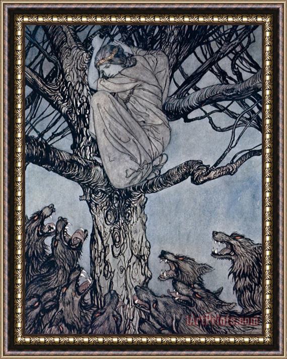 Arthur Rackham She Looked With Angry Woe At The Straining And Snarling Horde Below Illustration From Irish Fairy Framed Painting