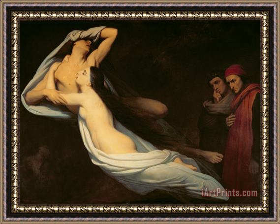Ary Scheffer The figures of Francesca da Rimini and Paolo da Verrucchio appear to Dante and Virgil Framed Painting