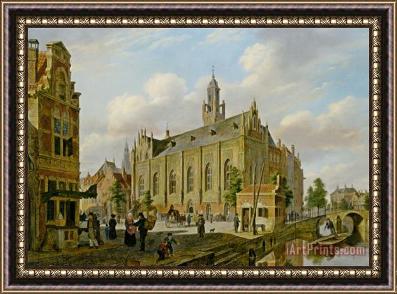 Bartholomeus Johannes Van Hove A Town Scene on a Canal Framed Painting