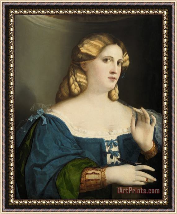 called Palma il Vecchio Jacopo Negretti Young Woman in a Blue Dress, with Fan Framed Print