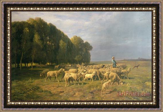 Charles Emile Jacque Flock of Sheep in a Landscape Framed Painting