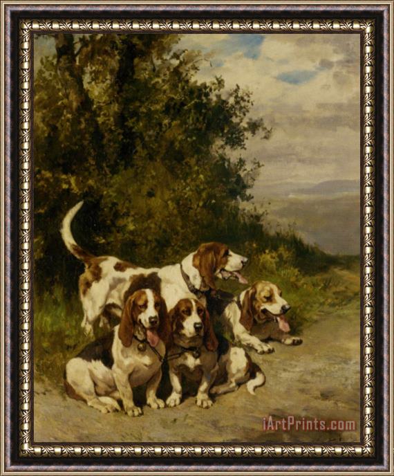 Charles Olivier De Penne Hunting with Dogs on a Forest Path Framed Painting