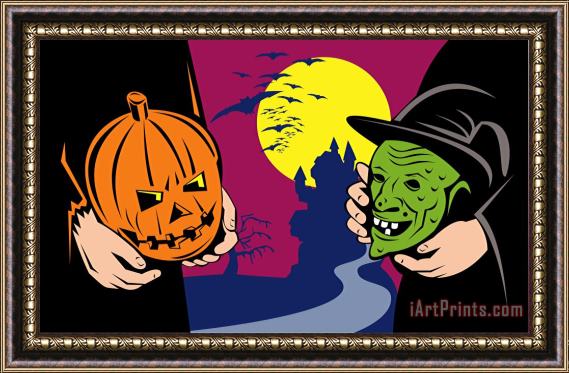 Collection 10 Halloween Mask Jack-O-Lantern Witch Retro Framed Painting