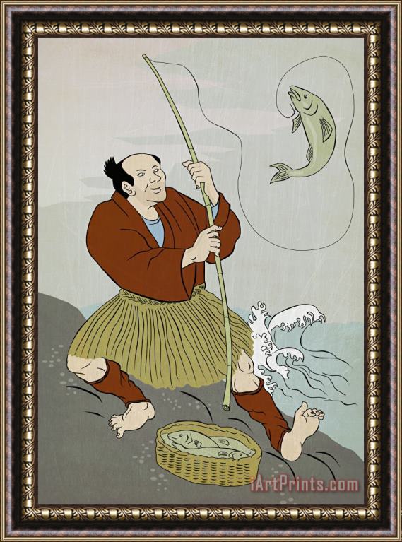 Collection 10 Japanese fisherman fishing catching trout fish Framed Print