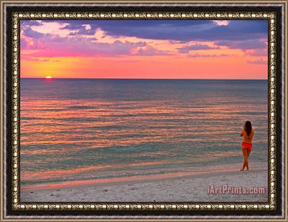 Collection 14 Beach Girl and Sunset Framed Painting