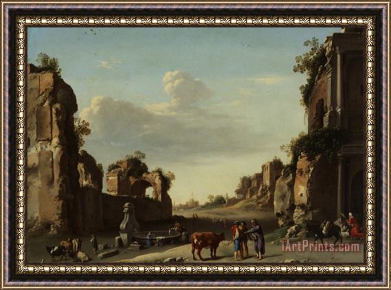 Cornelis van Poelenburgh Roman Ruins with a Merchant Buying Bull Framed Painting