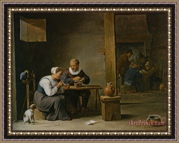 David the younger Teniers A Man And Woman Smoking a Pipe Seated in an Interior with Peasants Playing Cards on a Table Framed Print
