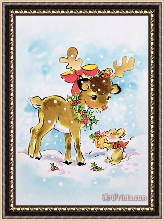 Diane Matthes Christmas Reindeer And Rabbit Framed Painting