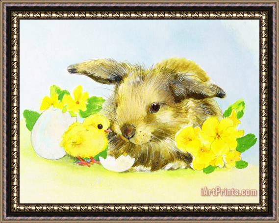Diane Matthes Easter Bunny With Primrose And Chick Framed Print