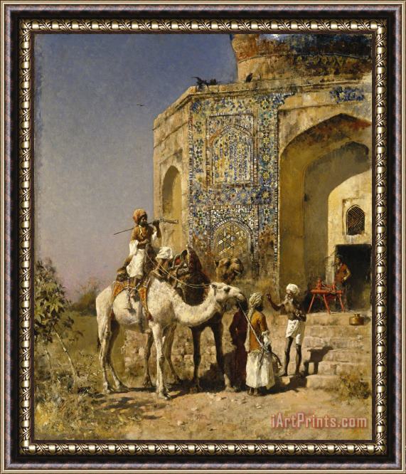Edwin Lord Weeks The Old Blue Tiled Mosque Outside of Delhi, India Framed Painting