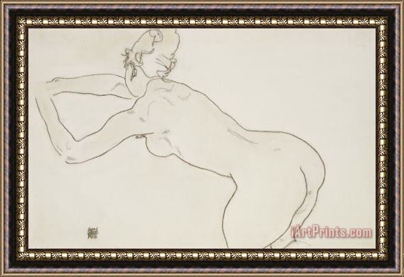 Egon Schiele Female Nude Kneeling and Bending Forward to the Left Framed Painting