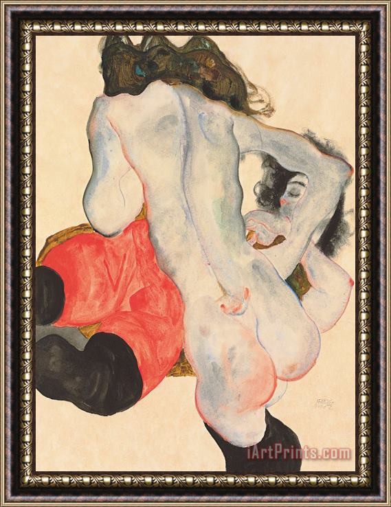 Egon Schiele Reclining woman in red trousers and standing female nude Framed Painting