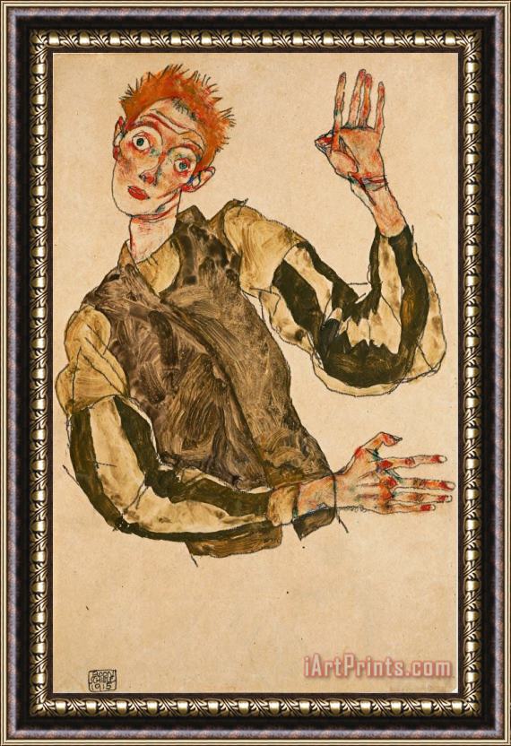 Egon Schiele Self Portrait with Striped Armlets Framed Print