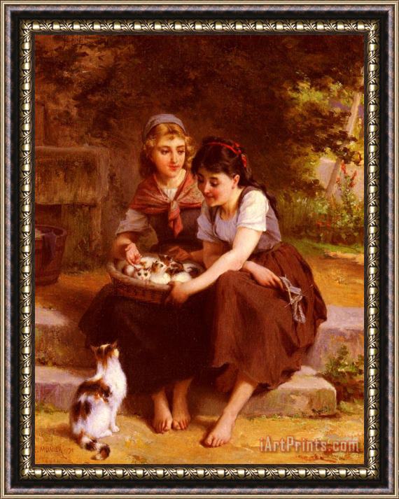 Emile Munier Two Girls with a Basket of Kittens Framed Painting