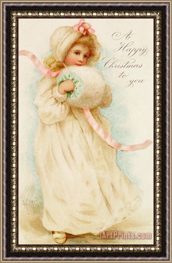 English School Christmas card depicting a girl with a muff Framed Painting