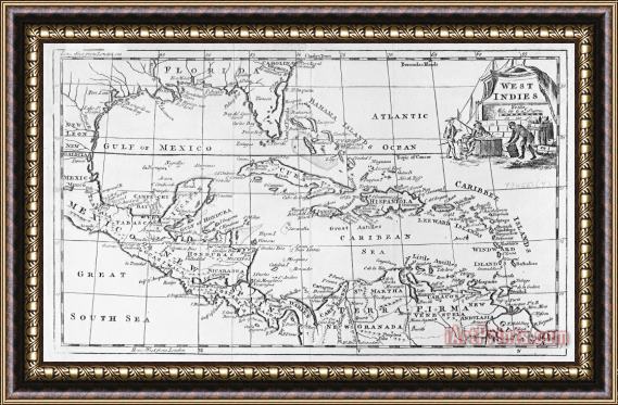 English School Map of the West Indies Florida and South America Framed Painting