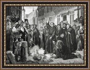 Conquest of Mexico, 1521 Framed Prints - Martin Luther 1483 1546 Publicly Burning The Pope's Bull In 1521 by English School