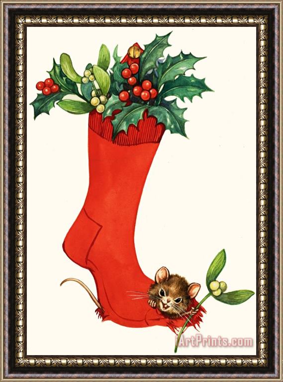 English School Mouse In A Christmas Sock Framed Print