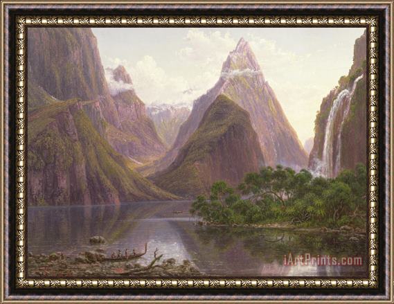 Eugen von Guerard Native figures in a canoe at Milford Sound Framed Painting