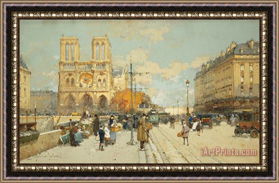 Eugene Galien-Laloue Figures On A Sunny Parisian Street Notre Dame At Left Framed Painting