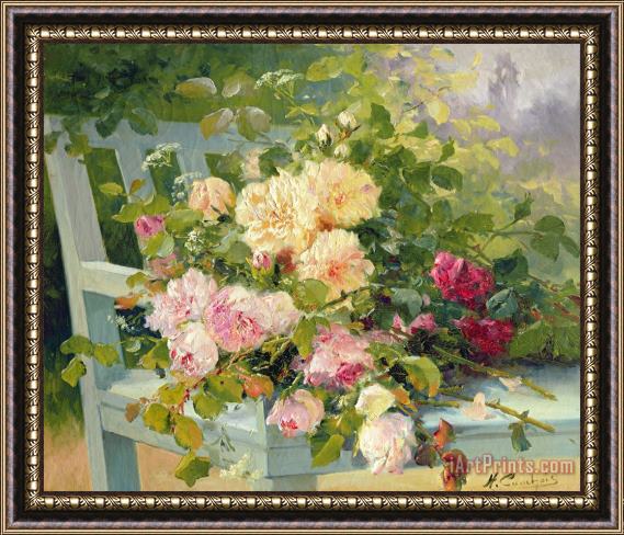 Eugene Henri Cauchois Roses on the bench Framed Painting