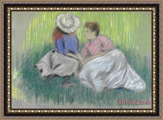Federico Zandomeneghi Sull'erba (femme Et Fillette Assieses Sur L'herbe) Framed Painting