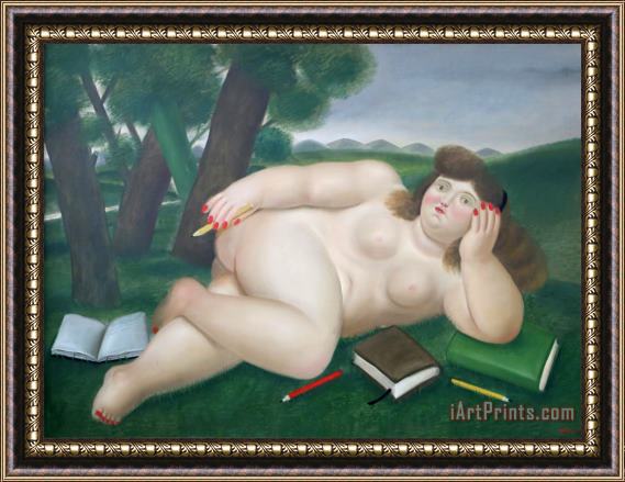 Fernando Botero Reclining Nude with Books And Pencils on Lawn, 1982 Framed Painting