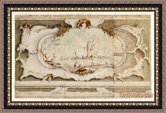Francesco Guardi Decorative Cartouche with a Landscape Framed Print