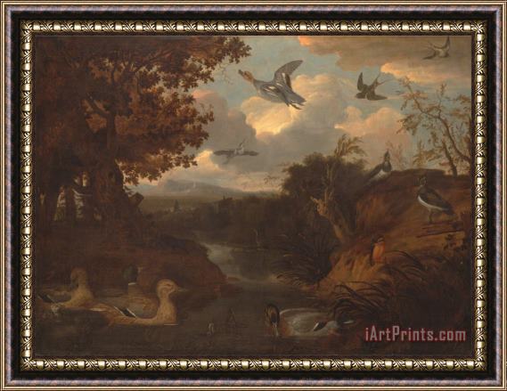 Francis Barlow Ducks And Other Birds About a Stream in an Italianate Landscape Framed Painting