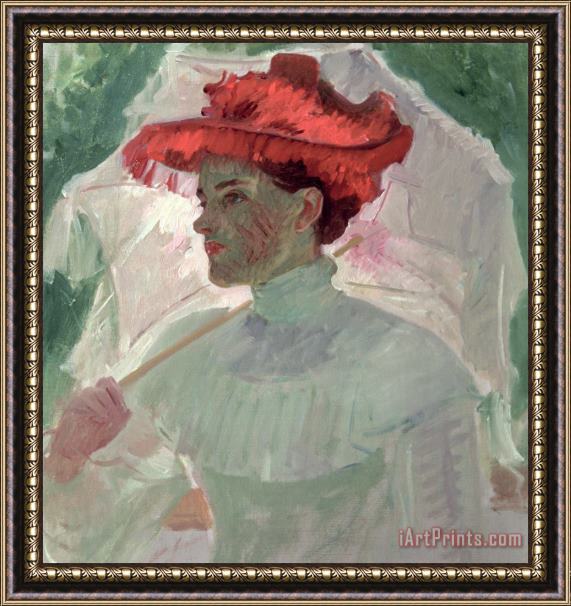 Frank Duveneck Woman with Red Hat and Parasol Framed Painting