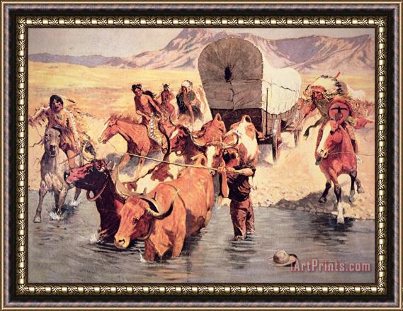 Frederic Remington Indians attacking a pioneer wagon train Framed Print