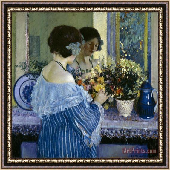 Frederick Carl Frieseke Girl in Blue Arranging Flowers Framed Painting