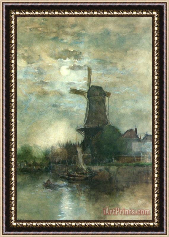 Fredericus Jacobus Van Rossum Chattel A Moonlit Windmill Framed Painting