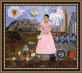Conquest of Mexico, 1521 Framed Prints - Self Portrait on The Borderline Between Mexico And The United States by Frida Kahlo