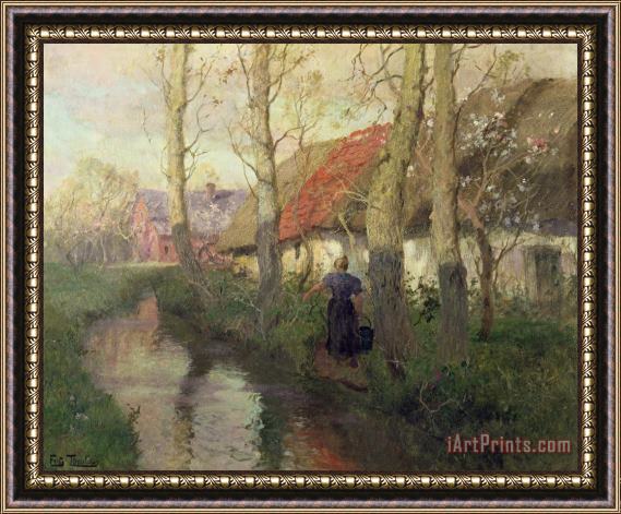Fritz Thaulow A French River Landscape With A Woman By Cottages Framed Painting