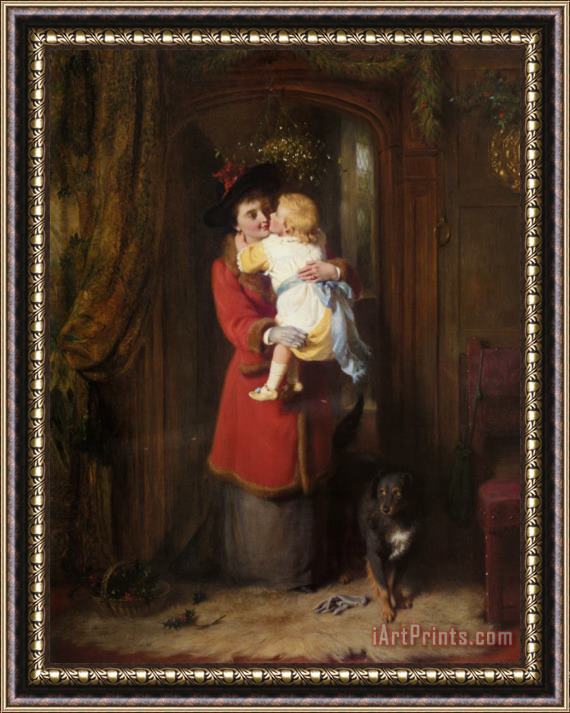 George Bernard O'neill A Christmas Kiss Framed Painting