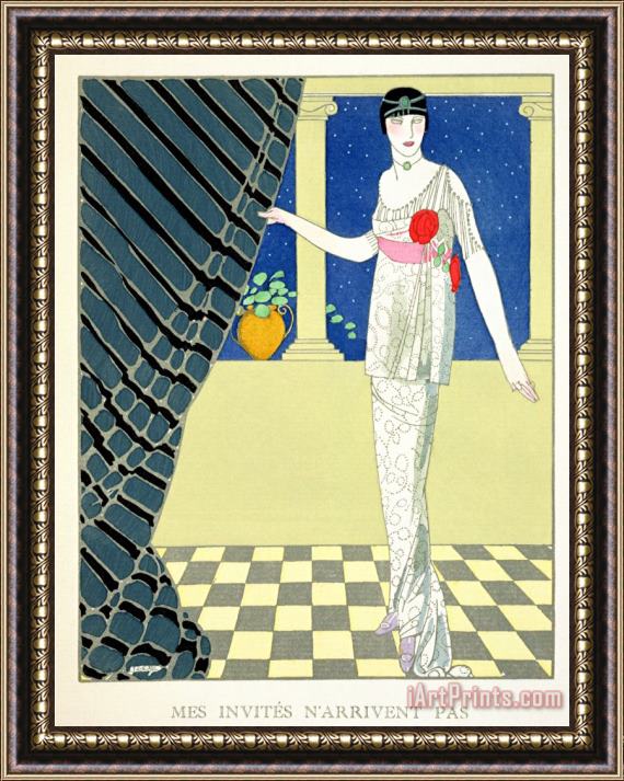 Georges Barbier My Guests Have Not Arrived Illustration of a Woman in a Dress by Redfern Framed Print