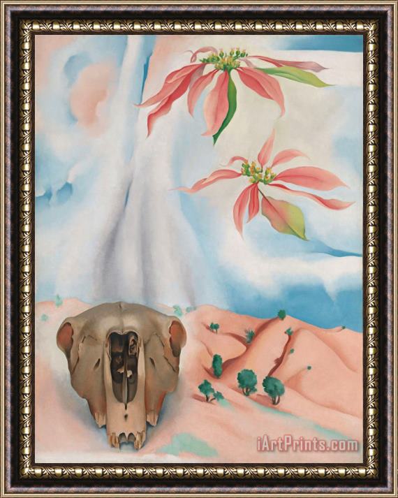 Georgia O'keeffe Mule's Skull with Pink Poinsettias, 1936 Framed Print
