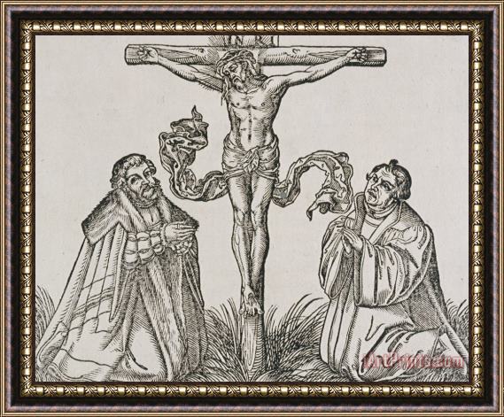 German School Martin Luther And Frederick IIi Of Saxony Kneeling Before Christ On The Cross Framed Painting