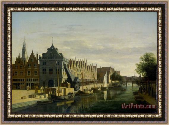 Gerrit Adriaensz. Berckheyde De Waag (weighing House) And Crane on The Spaarne, Haarlem Framed Painting