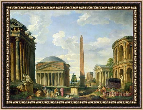 Giovani Paolo Panini The Pantheon and other Monuments 1735 Framed Print