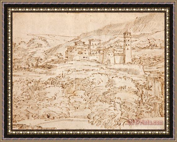 Giovanni F. Grimaldi A Landscape with a Castle Above a Belt of Trees Framed Print