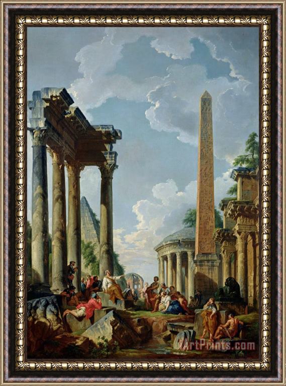Giovanni Paolo Pannini or Panini Architectural Capriccio with a Preacher in the Ruins Framed Painting