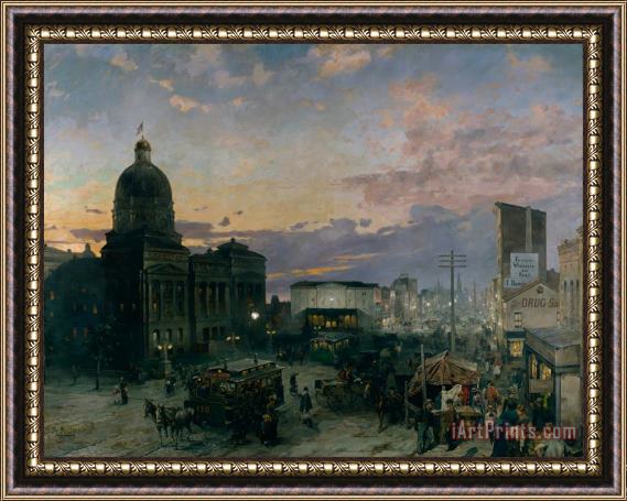 Groll, Theodor Washington Street, Indianapolis at Dusk Framed Painting