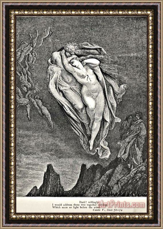 Gustave Dore Dante's Vision Of Hell Illustration Engraving Couple In Wind Framed Print