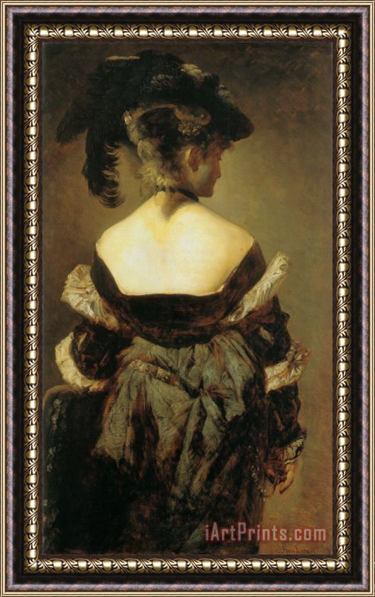 Hans Makart Lady with Feather Hat From Behind Framed Painting